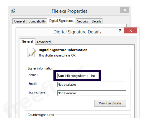 Screenshot of the Sun Microsystems, Inc. certificate